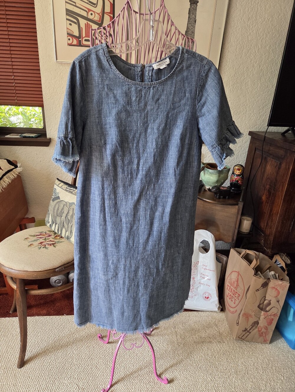 Beach Lunch Lounge Collection Denim-Style Blue Shift Dress with Ruffle Sleeves S